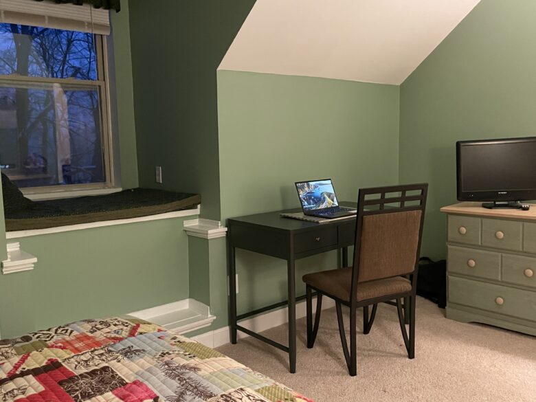 The desk and chair in the Woods and Lake View Tele-Work Room