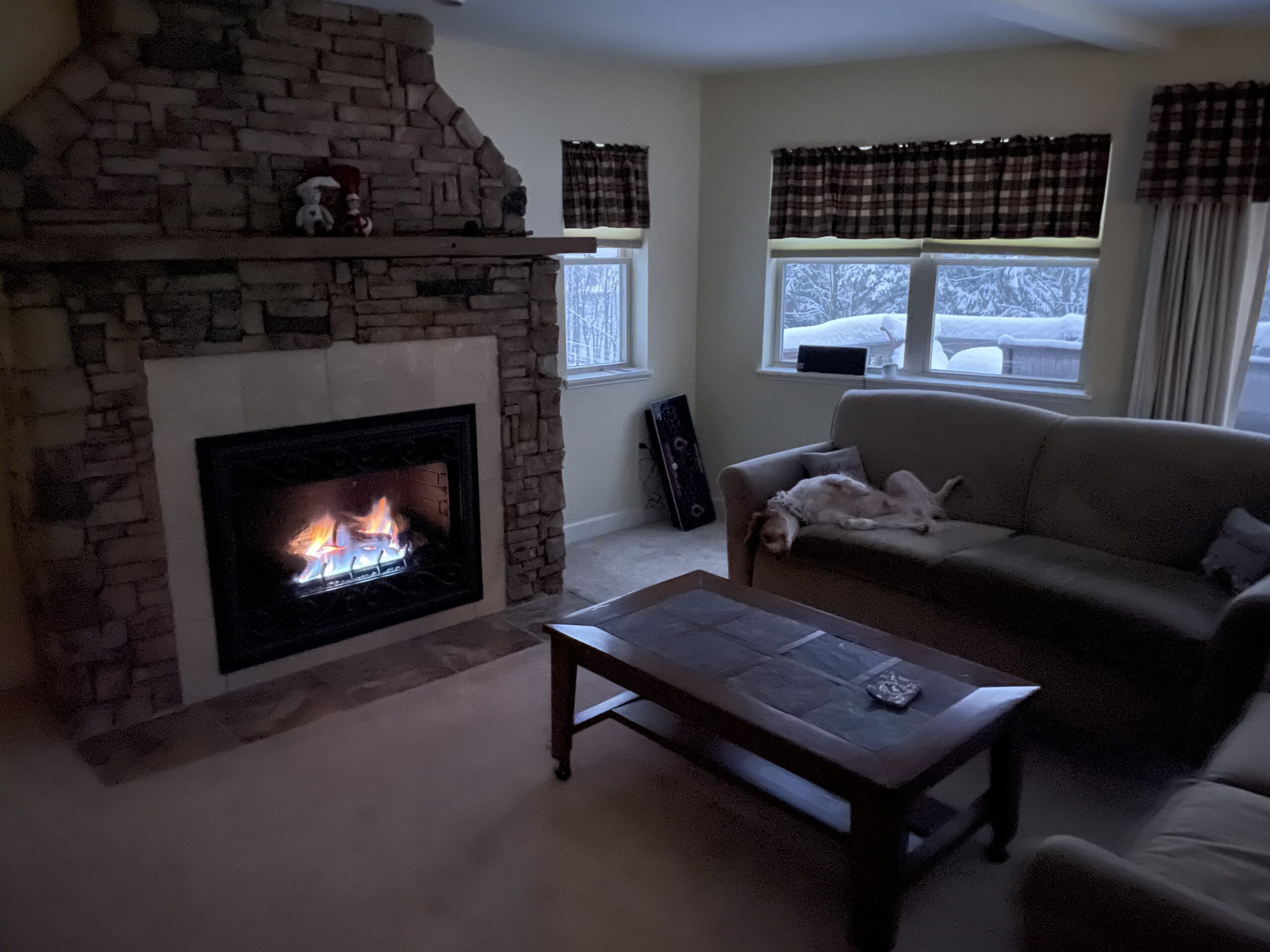 The living room with the gas fireplace lit